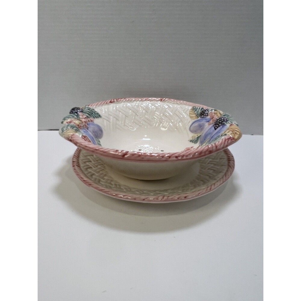 MC Ceramic Strainer Colender W/ Underplate Fruit Basket Edge Vintage 1990s